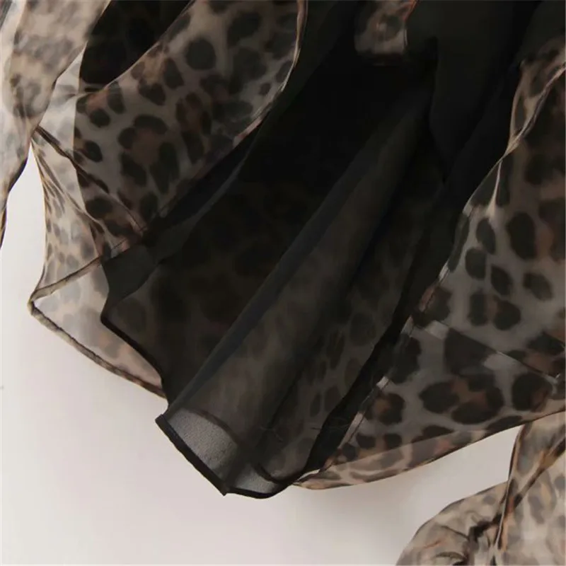 Женская шикарная леопардовая блузка галстук-бабочка накидка из органзы рукав офисная одежда женская рубашка Прозрачный Топ blusas