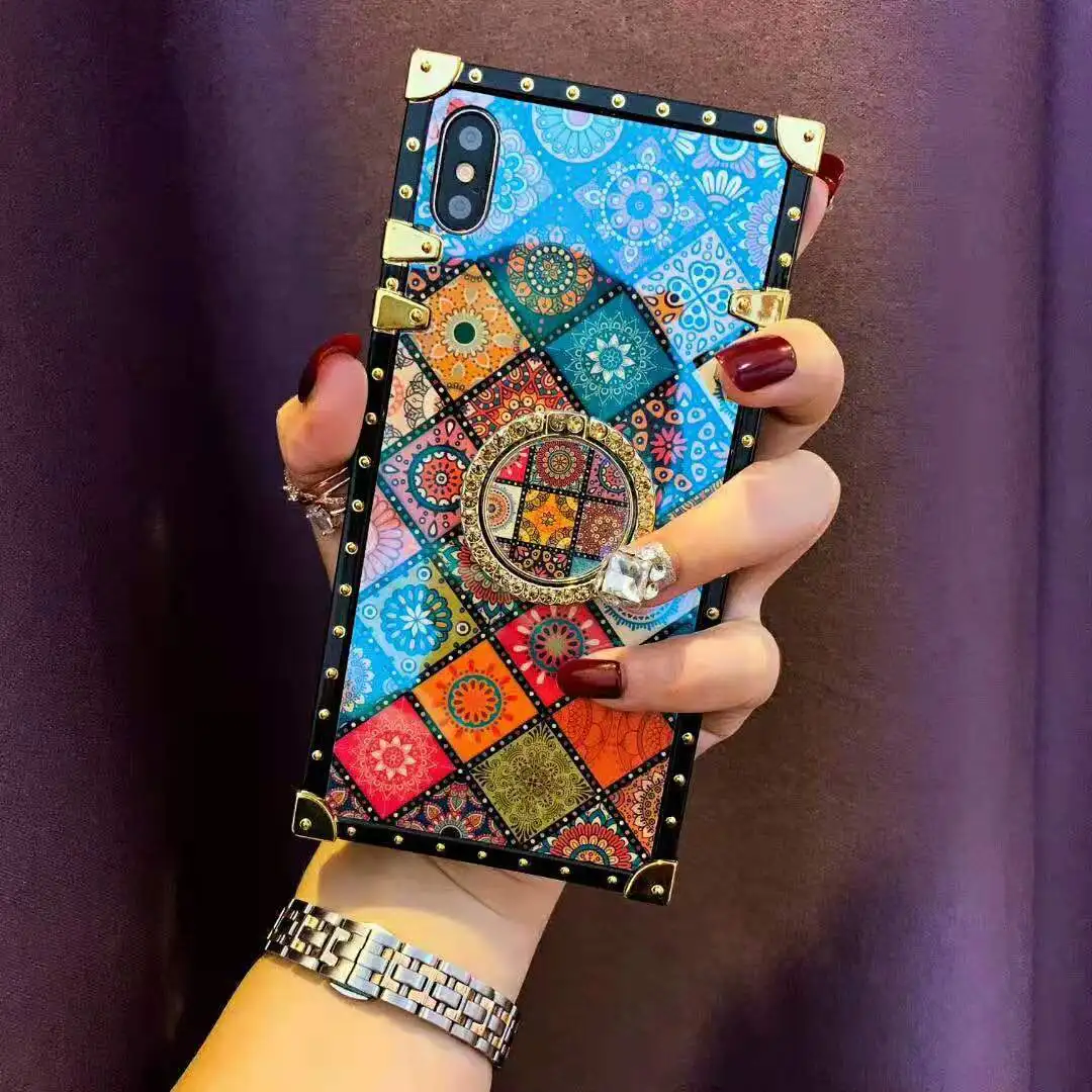 

Luxury Bohemian Ethnic Style Frame Case for iPhone 6 6s 7 8 Plus xr xs max x Square Blu-ray Soft Silicon phone for Samsung Cover