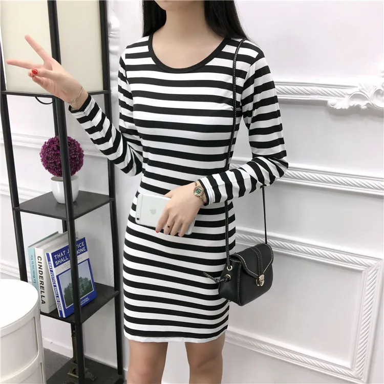 

Summer New Style Korean-style Black And White Stripes Mid-length Women's Dress Slim Fit Long Sleeve Crew Neck