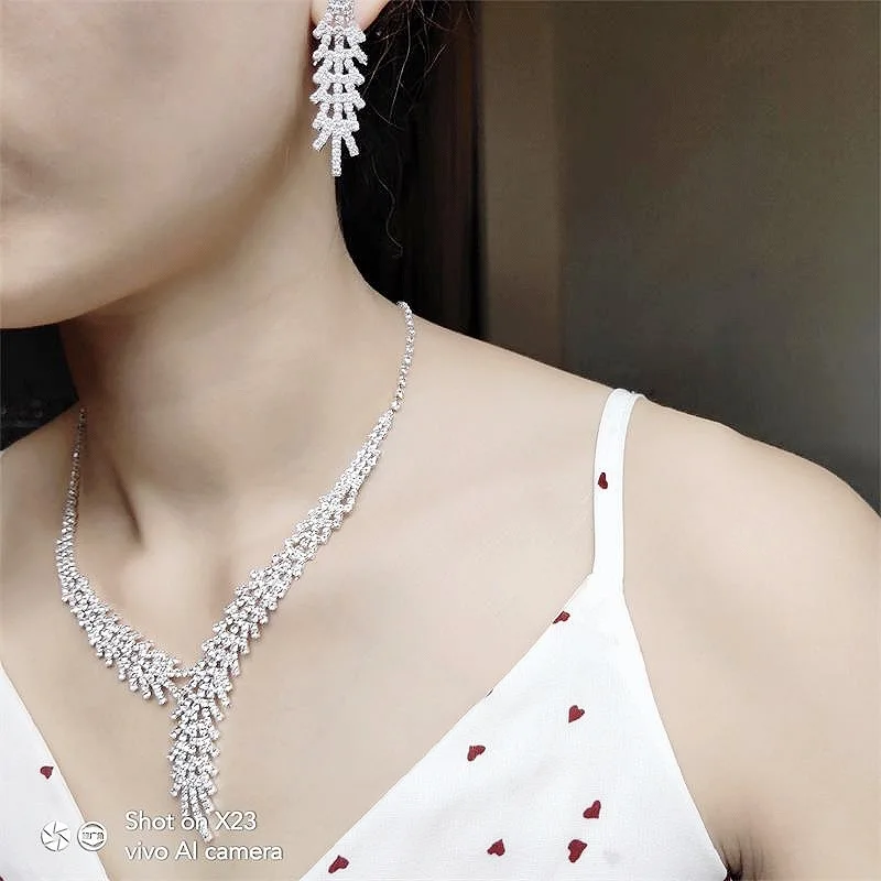 RNAFASHION, филиал листьев, кристалл, Свадебные Ювелирные наборы для женщин, серебряный цвет, стразы, набор для невесты, ожерелье и серьги, ювелирные изделия
