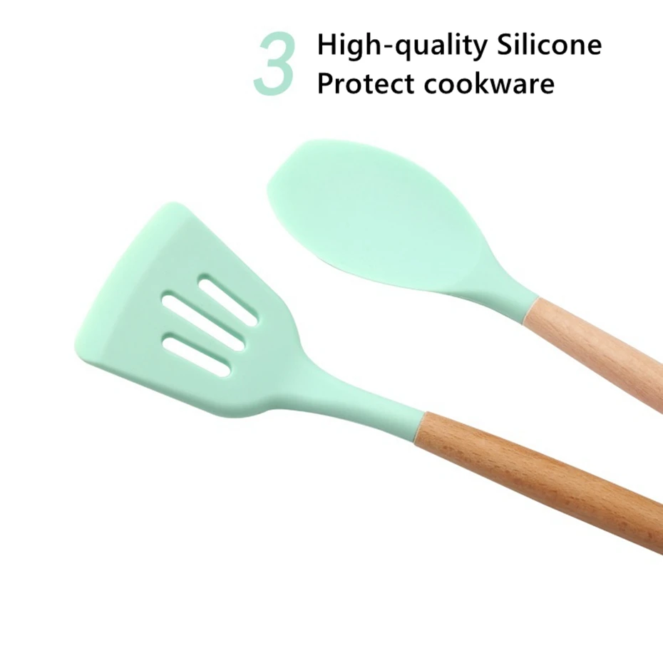 Food Grade Silicone Kitchenware Household Wooden Beech Handle Cooking Utensils Baking Tools Non-Stick Spatula Kitchen Accessorie