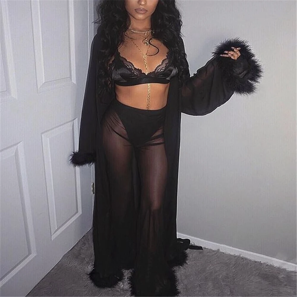 Пикантные осенние Летний тренировочный костюм комплект Для женщин Bodycon сетчатый, с перьями прозрачная укороченный Комплект Топ и штаны вечерние блузка с широкими штанинами, комплект со штанами