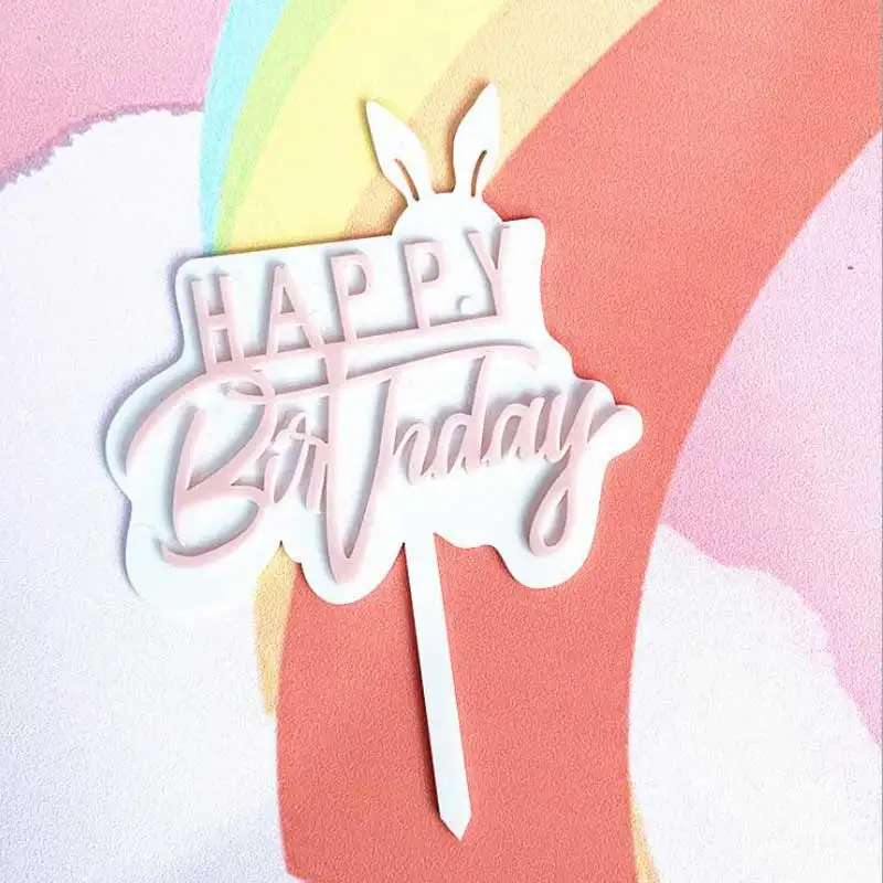 Акриловое кроличье ухо торт, топперы, капкейки палочки для счастливого дня рождения для украшения детского душа поставщика - Цвет: pink