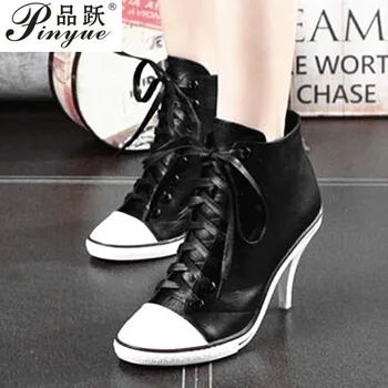 

Women Ankle Boots PU Leather 8cm High Thin Spike Stiletto Heel Pointed Toe Vintage Winter Lace Up Lady Short Martin Boot