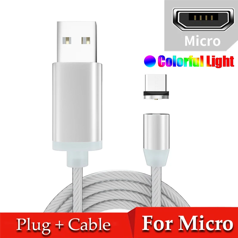 Colorful for Micro Магнитный течёт светодиодный кабель Micro USB для samsung S10 S9 type-c зарядное устройство для huawei магнитное зарядное устройство usb type C кабели - Цвет: Colorful for Micro