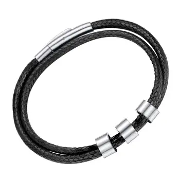 

U7 Personalized Engraved Name Double Layered Leather Bracelet Stainless Steel Custom Nameplate ID Bangles For Women Men Jewelry