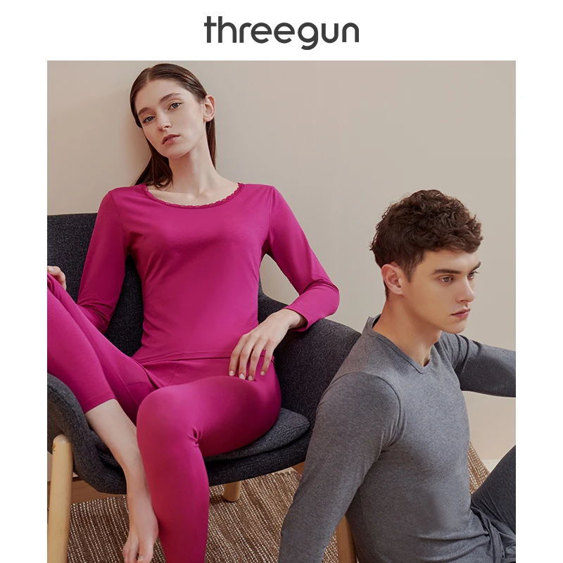 

THREEGUN Thermal Underwear Long Johns Set Men Women with Gift Box Lightweight Elastic Cotton Round Neck Pajama Bottoming Suit