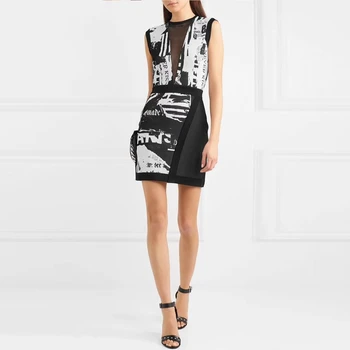 

2019 New Fashion jacqaurd Sleeveless Black Patchwork Sexy Summer Mini Club Elegant Women Bandage Dress Vestidos Good Quality