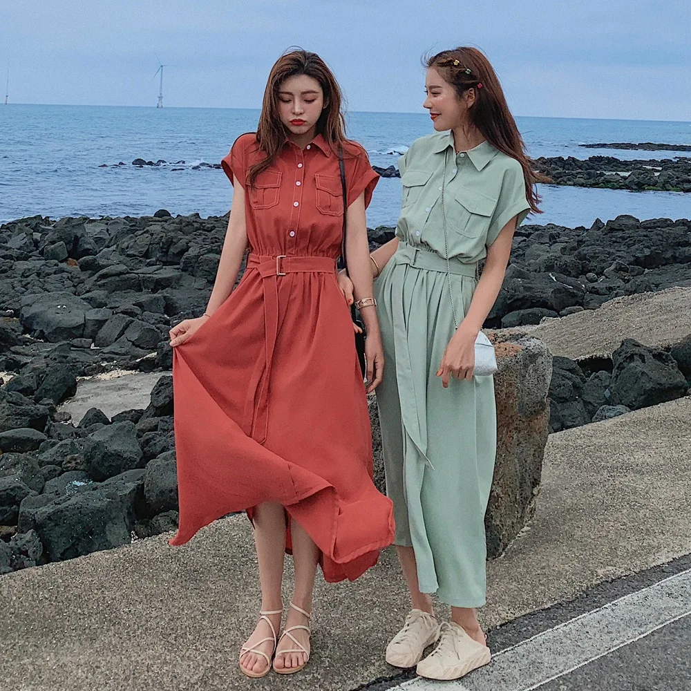 

Photo Shoot 2019 Summer New Style Korean-style WOMEN'S Wear-Style Retro CHIC Waist Hugging Slimming Single Breasted Shirt Dress