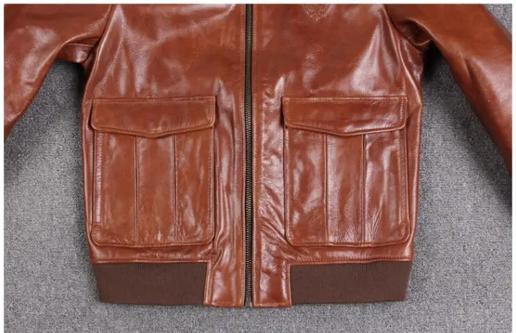 Brown Men Double Pockets Pilot Leather Jacket Large Size XXXL Genuine Cowhide Autumn Military Aviator Leather Coat