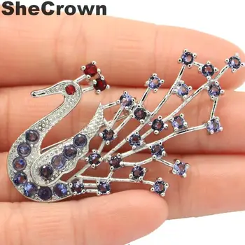 

58x33mm Long Big Created Peacock Shape Iolite Ruby CZ Gift Silver Brooch