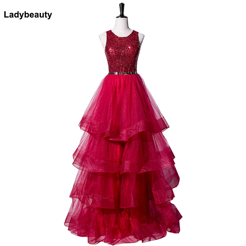 

Sexy o-neck Sequined Red Long Formal Party Gowns Cheap Prom Long Elegant 2019 formal evening party dresses ball gown