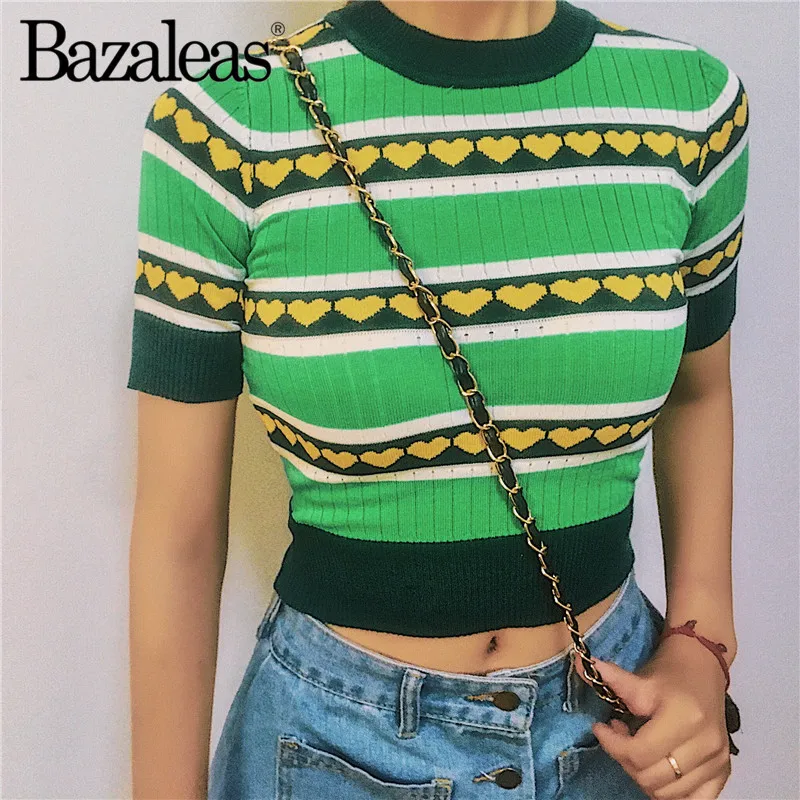 Bazaleas, модная футболка, винтажная, зеленая, с принтом сердца, в стиле пэчворк, в полоску, обрезанная женская футболка, вязаный укороченный топ, женская футболка