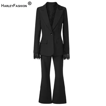 

HarleyFashion European Women Design Spring Autumn Fitness Classic Pants Suit Lace Patchwork Blazer Slim Pants Two Pieces Sets