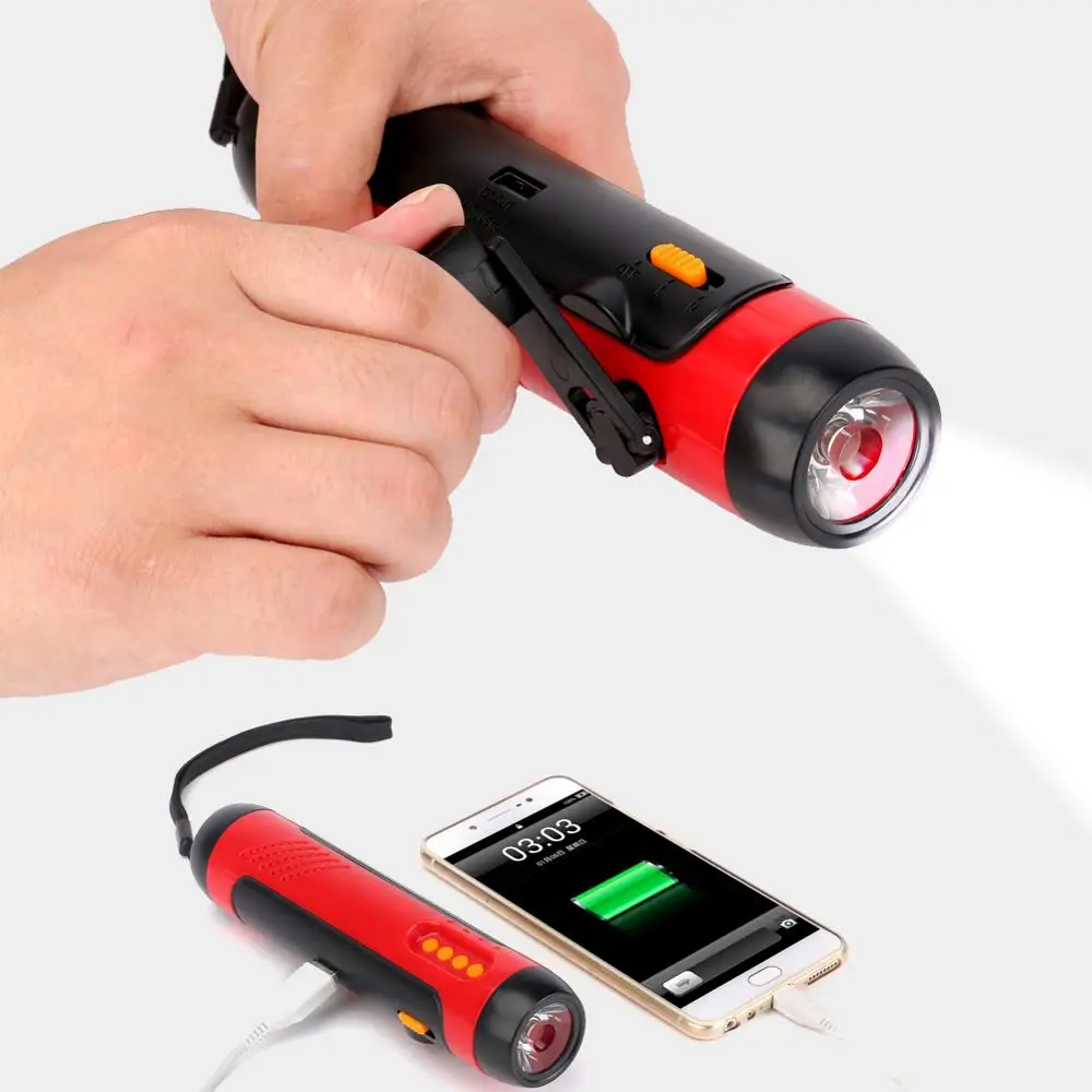 

Multi Flashlight for Emergency Self-rescue Tool with 1800mAh Power Bank Voice Alarm FM Radio Hand Crank Dynamo Powered LED Torch