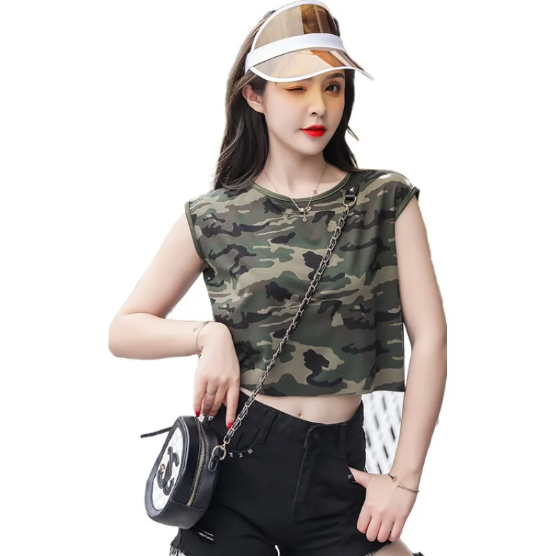 

Women Summer Clothing Fashion Camouflage Crop Tops Mujer Femme Loose Army Green Tank Tops Camis Sleeveless T-Shirt