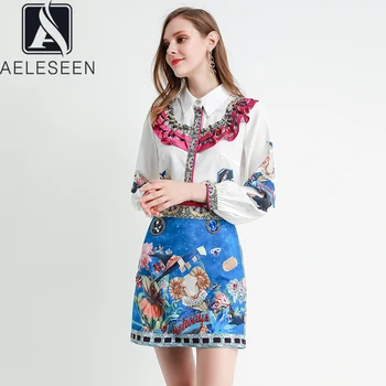 

AELESEEN 2020 Spring Runway Design Twinset Office Lady Elegant Ruffles Floral Blouse + Luxury Beading Mini Print Skirt Suit