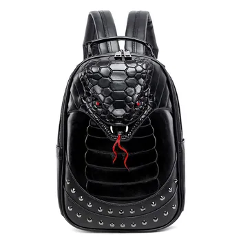

Punk Style Waterproof Women Backpack 3D Stereoscopic Silicone Snake Head Backpack Men's Personality Rivets Mochila Black PU Bags
