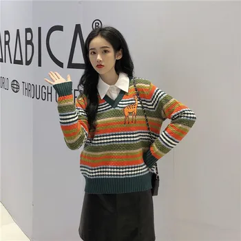 

2019 Fawn Embroidery Sweater Rainbow Stripes Spell Color V Collar Loose Pullover Knitting Shirt Female