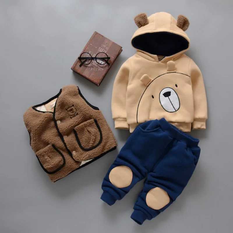COOTELILI 3pcs Velvet Fleece Toddler Girls Winter Clothes Sets Thicken Fur Boys Clothes Winter Warm Vest + Sweatshirt + Pants (19)