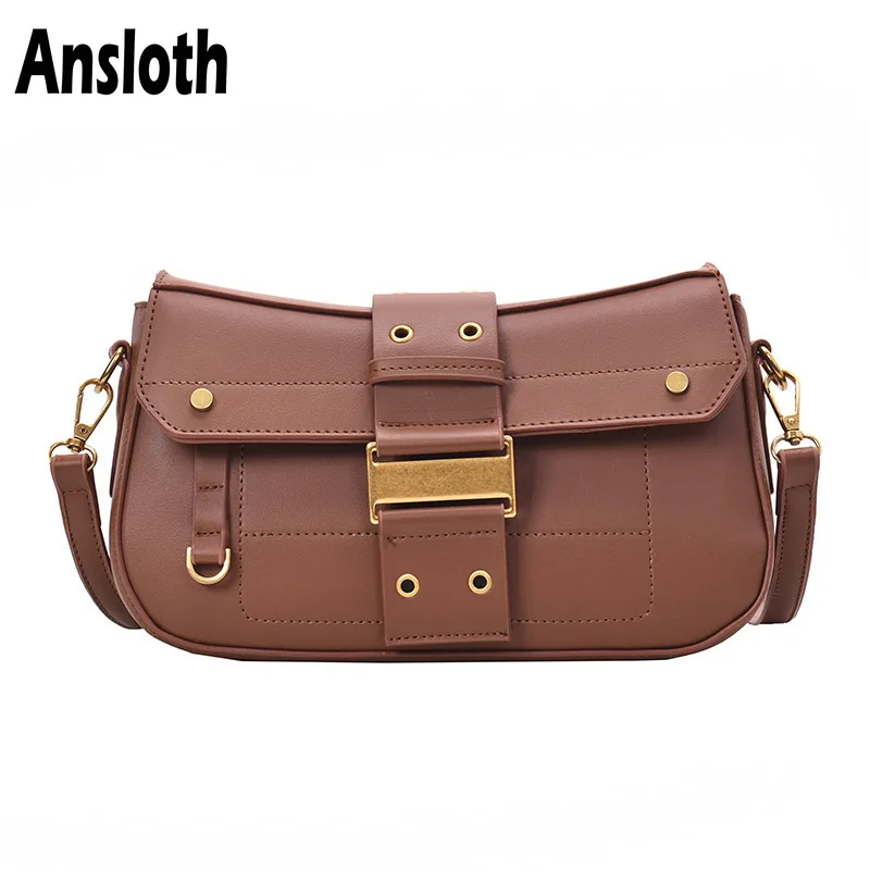 

Ansloth Solid Color Shoulder Bag Women Quality PU Leather Crossbody Bag Lady Simple Handbag Female Messenger Bag Handbag HPS756
