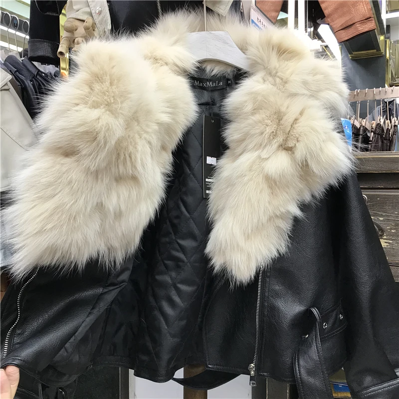 Натуральный мех кожа куртка большой меховой воротник куртка зимнее пальто женские Короткие Куртки из искусственной кожи утолщенные теплые пальто Femme