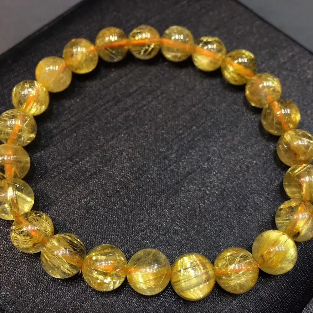 

Genuine Natural Gold Rutilated Quartz Crystal Woman Man Titanium Wealthy Round Beads Bracelet 8mm Jewelry Bangle AAAA