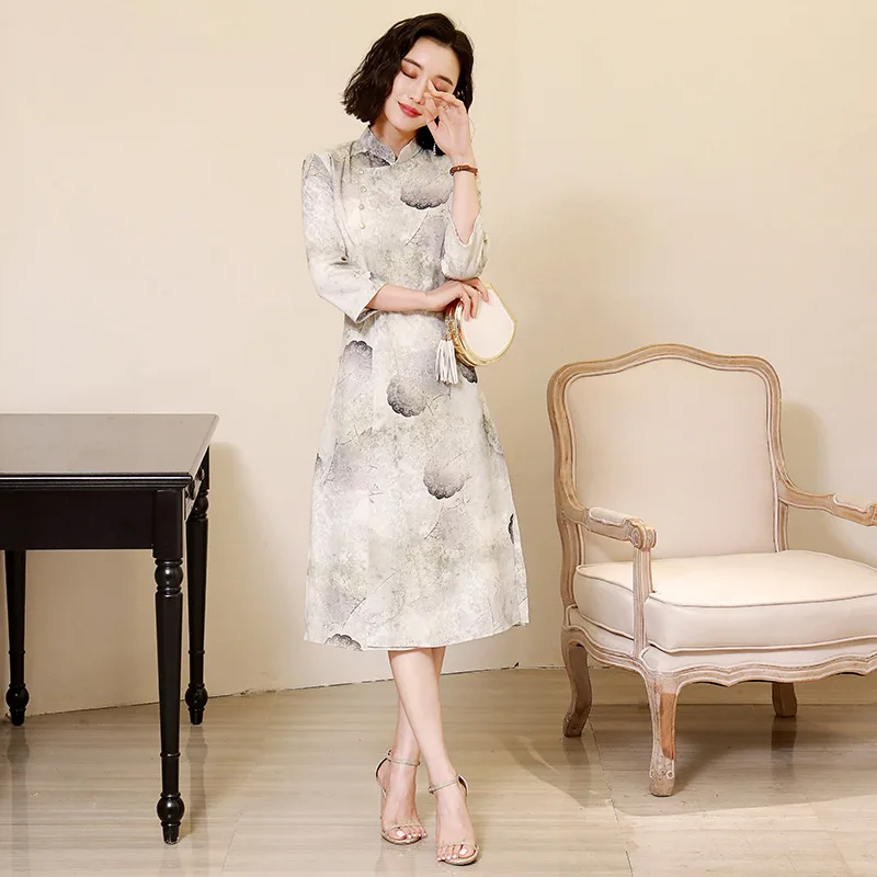 Sexy Plus Size 3XL Print Flower Women Novelty Cheongsam Traditional Chinese Casual Dress Qipao 3/4 Sleeve Summer New Vestidos