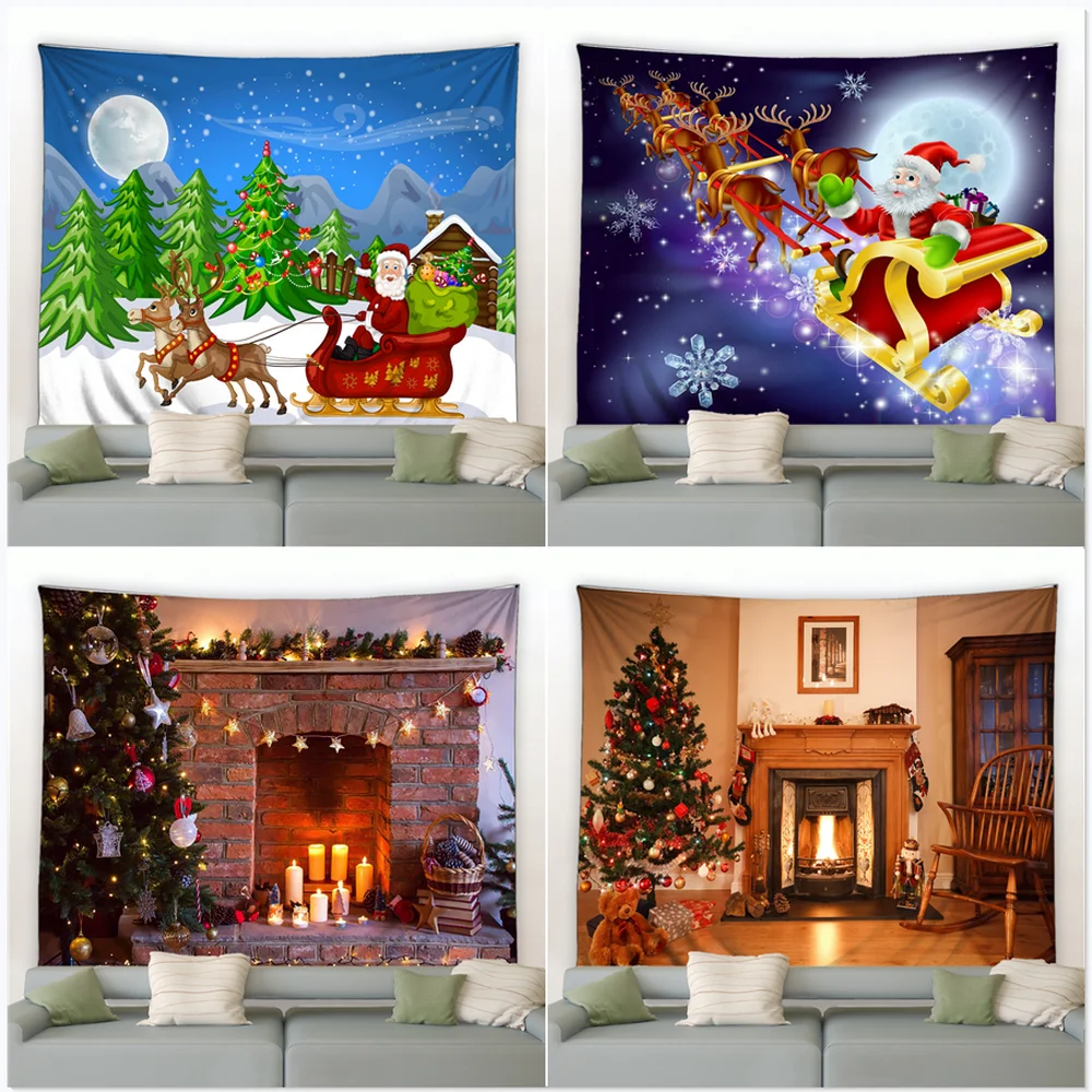 

Christmas Tapestry Snowflake Santa Claus Fireplace Gifts Winter Night Wall Hanging Blanket Xmas Tree for Living Room Home Decor