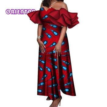 

Fashion Ankara Dress Women African Wax Print Slash Neck African Dress with Petal Sleeve Women Evening Party Dress WY6558