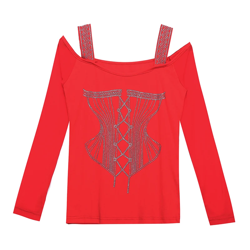 2020 Autumn new woman tshirts Fashion sexy off the shoulder women t-shirt long sleeve Hot drilling plus size women clothing