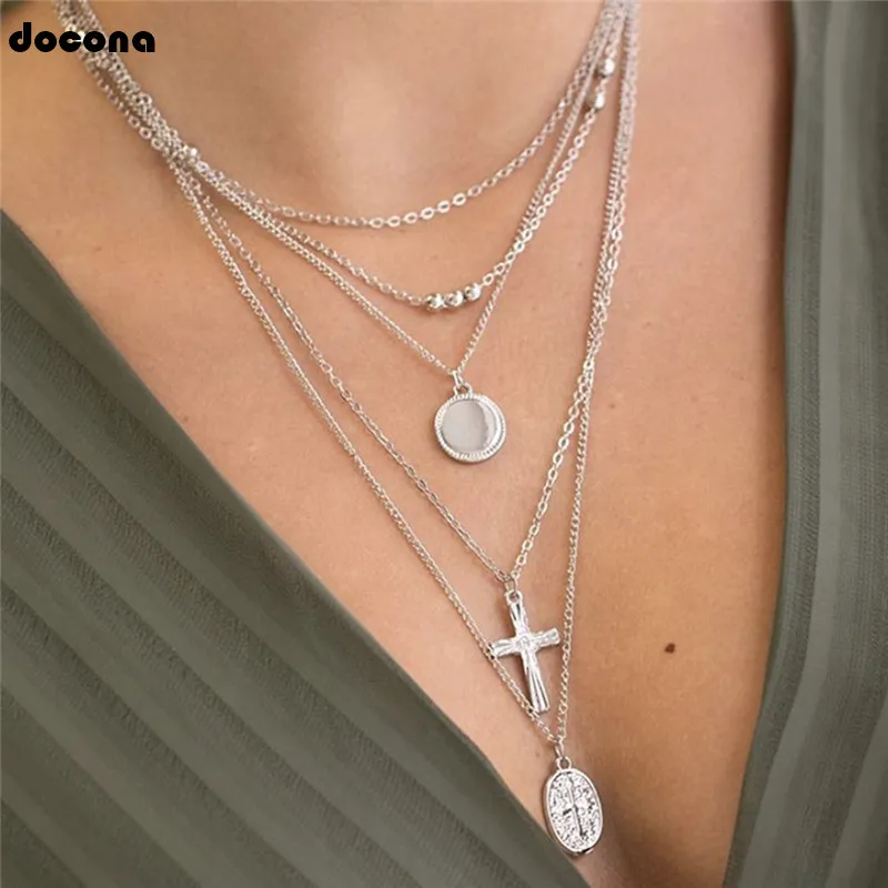 

docona Vintage Silver Cross Circle Madonna Pendant Necklaces for Women Girl Geometric Multilayer Necklaces Party Jewelry A09402