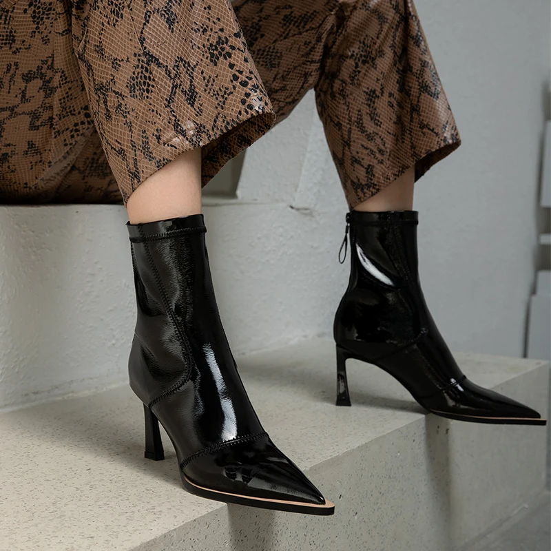 

Spring/Autumn 2020 new leather pointed female thin heel elastic boots with zipper high heel thin and thin boots X033