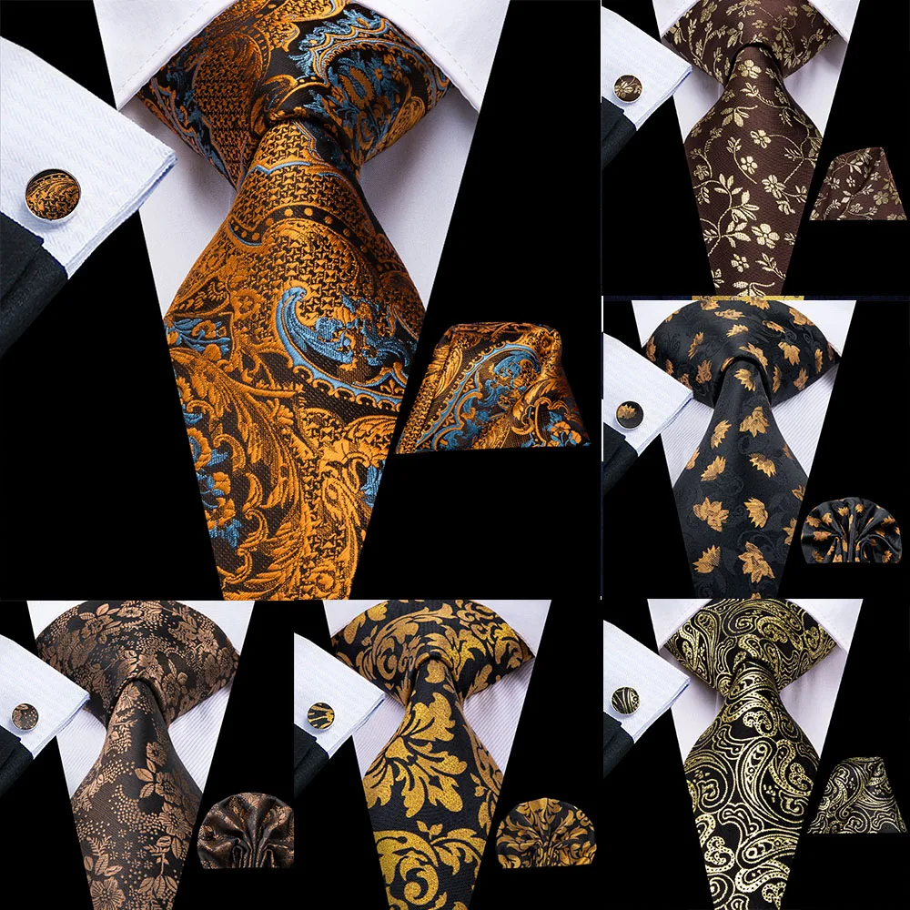 Hitie Mens Necktie Luxury Black Gold Paisley Silk Wedding Tie For Men