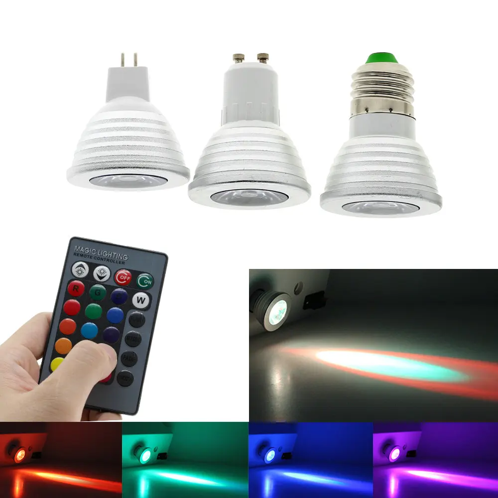 Цветная(RGB светодиодный лампы E27 E14 GU10 волшебный Светильник лампы 110V 220V 16 Цвет меняющийся светодиодный сценические лампы RGB Светодиодный точечный светильник+ 24-кнопочный ИК-пульт дистанционного управления Управление