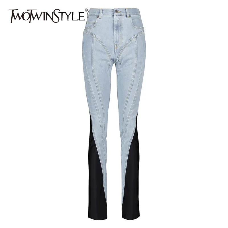 

TWOTWINSTYLE Colorblock Patchwork Denim Pencil Pants Women High Waist Casual Slim Jeans Trousers Female Fashion 2022 Spring New