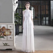 Vestidos blancos elegantes de fiesta de boda para mujer, vestidos de lentejuelas de malla con cuello Halter, vestido Maxi negro con cuentas de cristal, vestidos de noche con brillo 2021