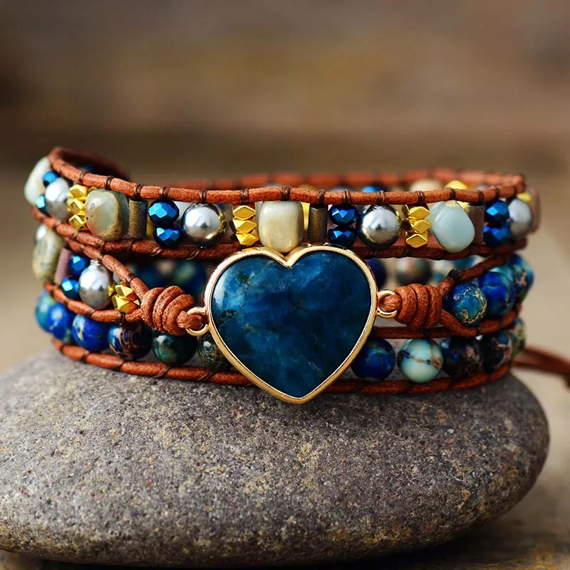 Spiritual Vintage Leather Wrap Bracelets Heart Shape Apatite Stone 3 Strands Bracelet Classic Handmade Jewelry Bijoux - Image 2