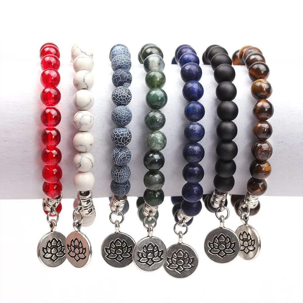 Étnico budismo lótus pingente pulseira homme feminino chakra tiger eye lapis lazuli ágata turquesa frisado pulseira transporte da gota