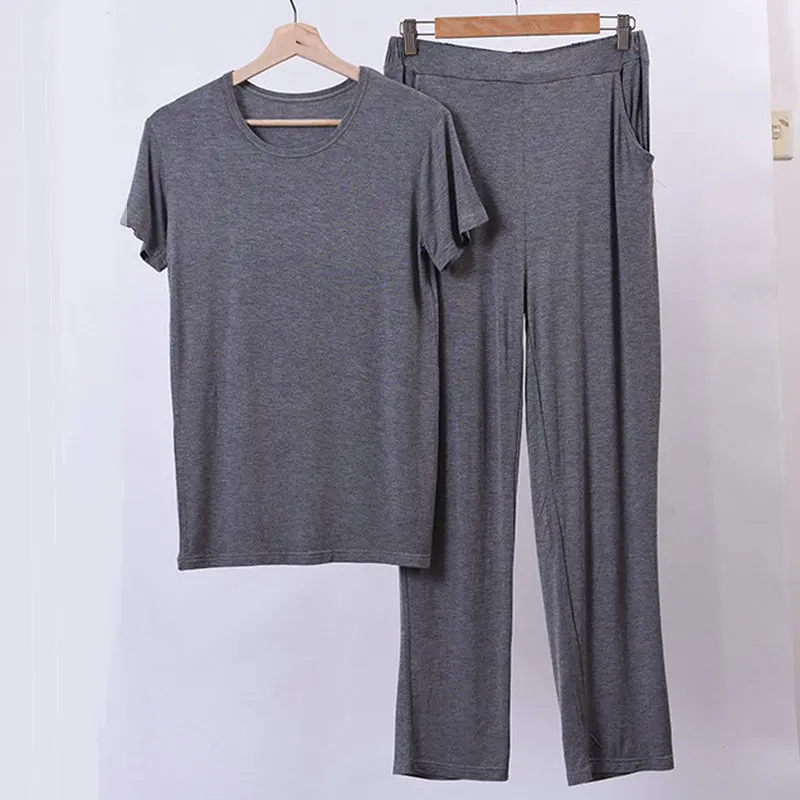 Men Pajamas Sets Summer Modal Home Wear Set Plus Size 7XL 8XL 50-160KG Soft Casual Sleep Wear Short Sleeve Top and Long Pants mens pajama bottoms