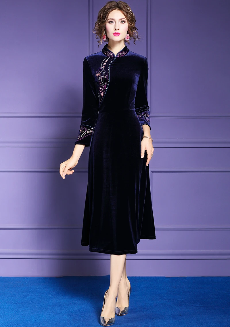 TESSCARA, Женское зимнее элегантное бархатное платье с вышивкой, женские дизайнерские Длинные Коктейльные Вечерние Платья, винтажный китайский стиль, Vestidos