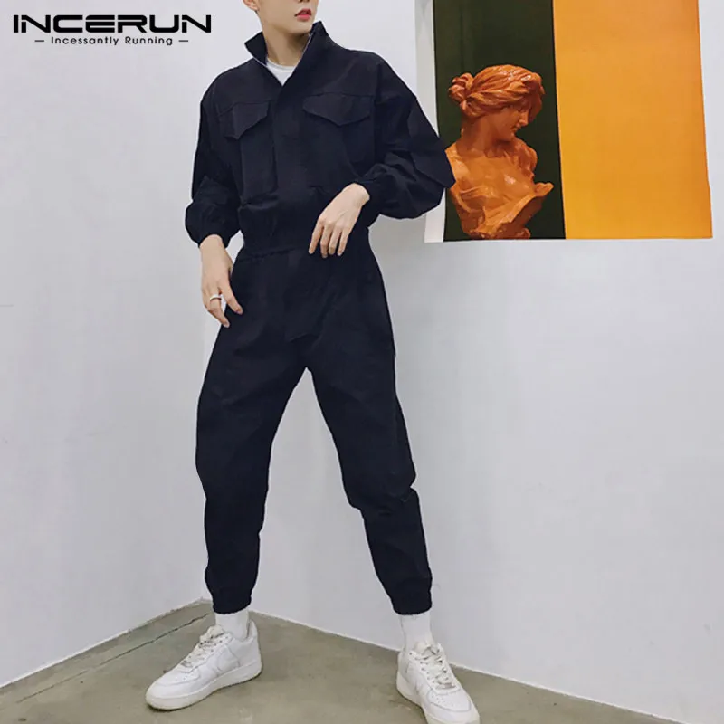 Online INCERUN 2019 Moda hombre Jumpsuit Joggers de manga larga mono liso cremalleras Cargo overoles Hiphop Casual Pants Men Streetwear 5XL