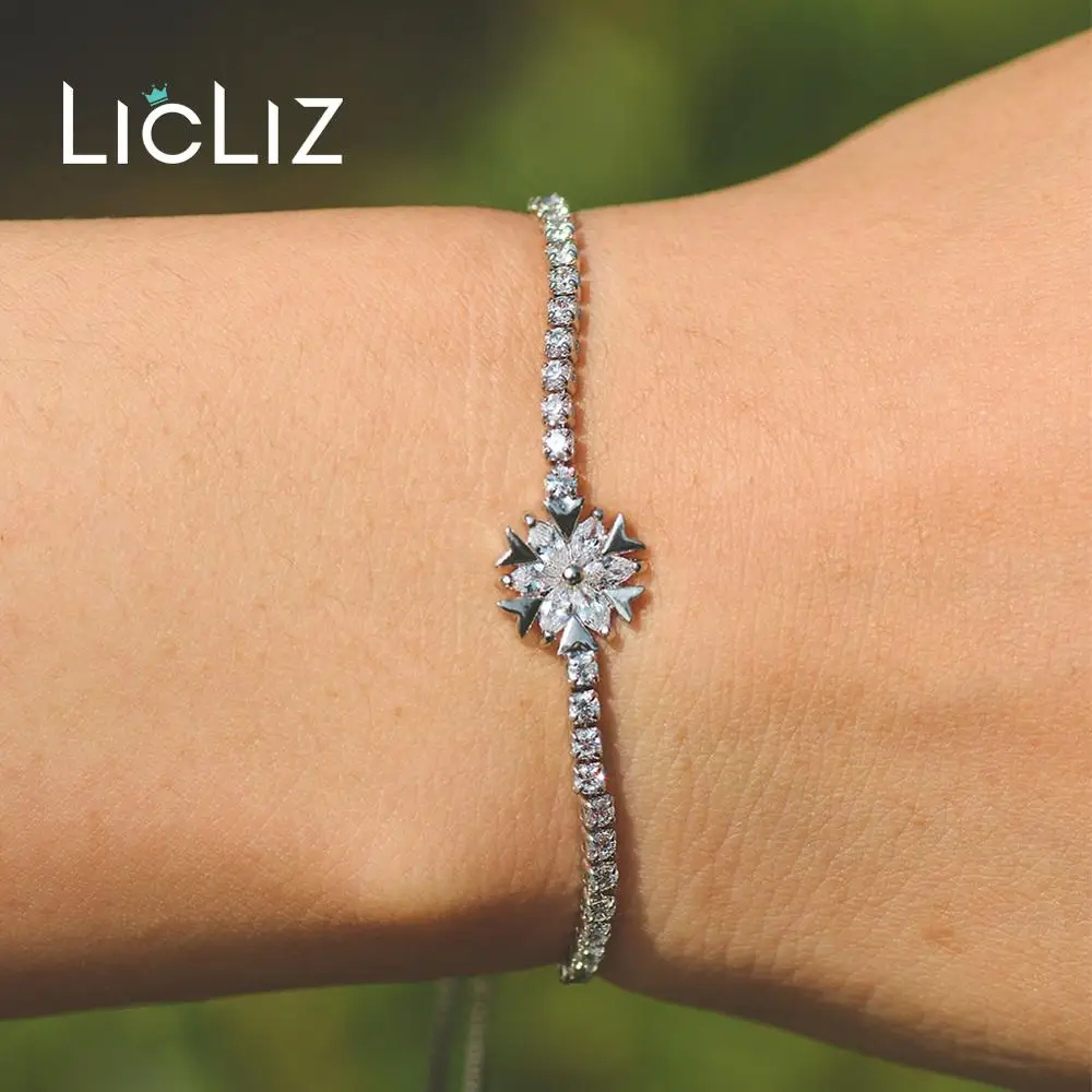 LicLiz, модные уникальные регулируемые браслеты с подвеской в виде снежного цветка для женщин, прозрачный фианит, циркон, белое золото, цепочка в коробке, ювелирное изделие LUB0206
