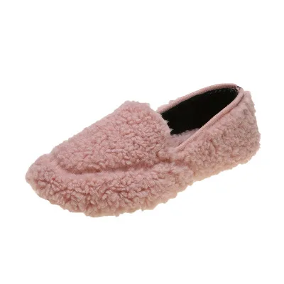 Новинка года; сезон осень-зима; обувь с круглым носком и кудрявым мехом; обувь на плоской подошве с рифленой подошвой - Цвет: Розовый