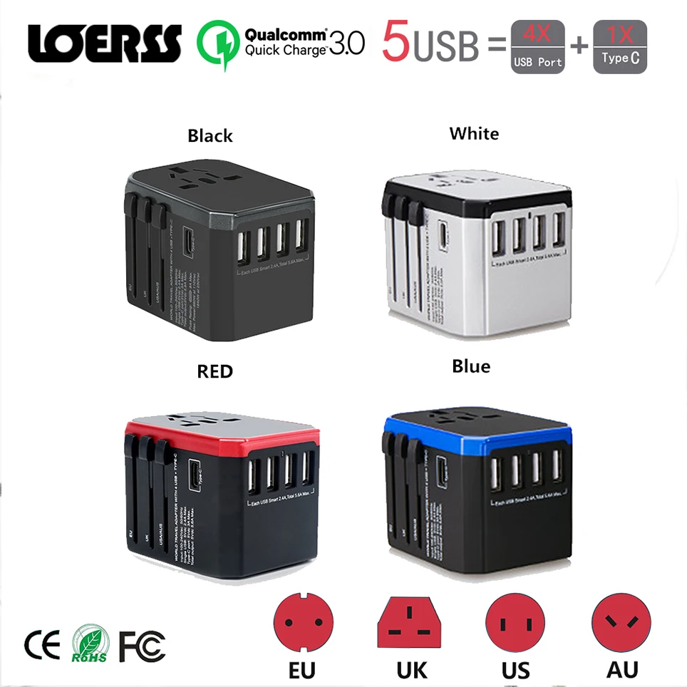 

LOERSS Travel Adapter International Universal Power Adapter All-in-one with 5.A 5 USB Worldwide Wall Charger for UK/EU/AU/Asia