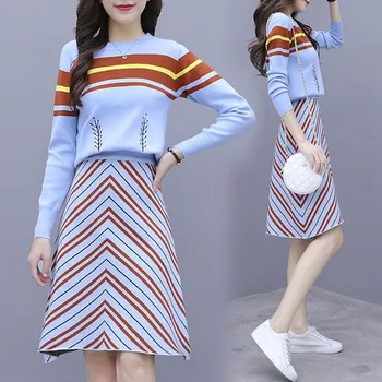 

LLZACOOSH High quality runway Autumn And Winter Hedging Women O-neck Sweater +Geometric stripe print Two Pieces Skirt Sets