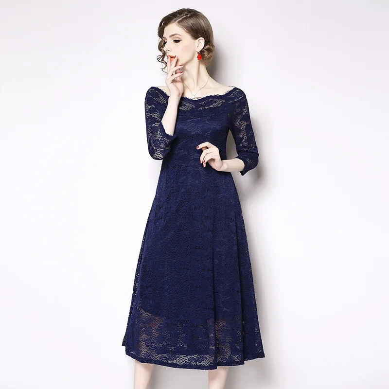 Осеннее красное платье с длинным рукавом плюс размер 3XL женское платье Vestidos прозрачное кружевное Открытое вечернее платье знаменитостей XXXL - Цвет: Тёмно-синий