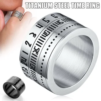 

Rotating Ring Titanium Steel Arabic Numerals Calendar Clock Ring Men Ring Jewelry MSU88