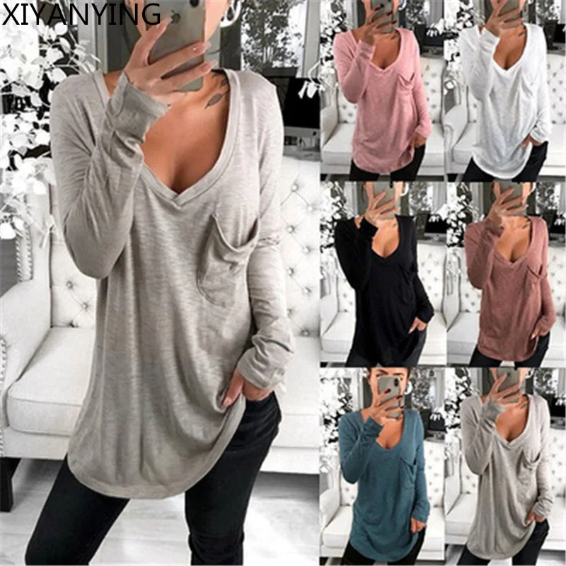 

Women Long Sleeve T Shirt Pocket Decoration Spring Autumn Sexy V Neck T Shirts For Women Plus Size T-shirt Tops Ladies' Clothes