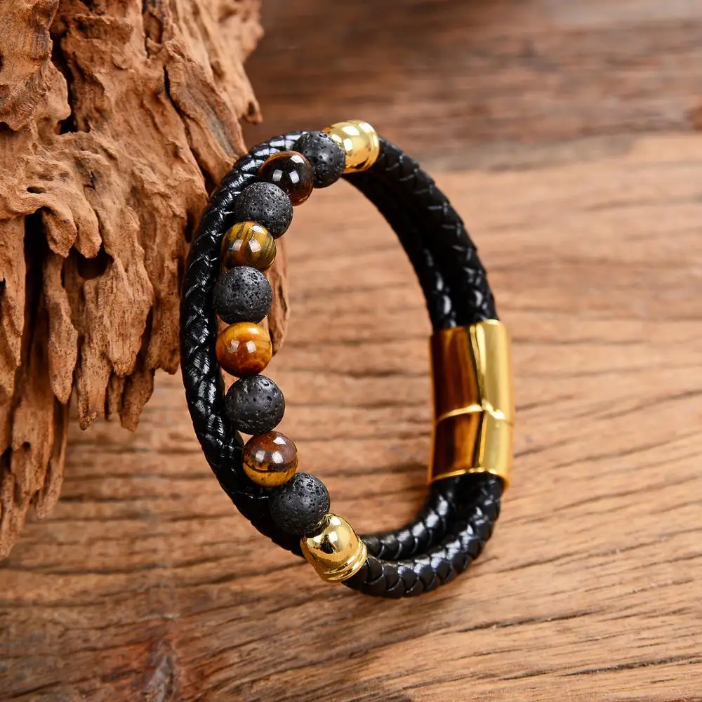 2020 New Design Genuine Leather Mens Bracelet Charms Stainless Steel Magnet 13 Style Natural Stone Beads Bracelets Men Jewelry